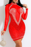 Red Fashion Sexy Patchwork Hot Drilling See-through Turtleneck Long Sleeve Dresses