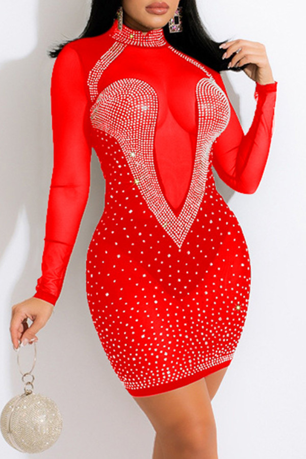 Red Fashion Sexy Patchwork Hot Drilling See-through Turtleneck Long Sleeve Dresses