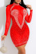 Red Fashion Sexy Patchwork Hot Drilling See-through Turtleneck Long Sleeve Dresses