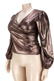 Silver Sexy Solid Split Joint Fold V Neck Plus Size Tops