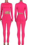 Rose Red Casual Solid Patchwork Asymmetrical Half A Turtleneck Long Sleeve Two Pieces