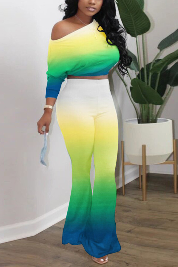 Yellow Green Fashion Casual Long Sleeve O Neck Regular Sleeve Short Gradual Change Two Pieces