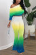Yellow Green Fashion Casual Long Sleeve O Neck Regular Sleeve Short Gradual Change Two Pieces