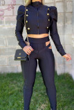 Black Sexy Solid Hollowed Out Split Joint Buttons Zipper Turtleneck Long Sleeve Two Pieces