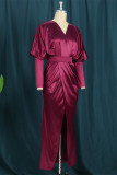 Burgundy Fashion Solid Slit Fold V Neck Lantern Sleeve Evening Dress