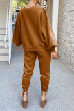 Coffee Casual Solid Patchwork O Neck Long Sleeve Two Pieces