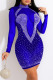 Blue Fashion Sexy Patchwork Hot Drilling See-through Turtleneck Long Sleeve Dresses