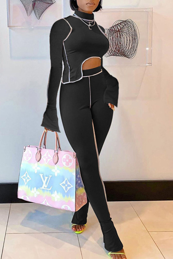 Black Casual Solid Patchwork Asymmetrical Half A Turtleneck Long Sleeve Two Pieces