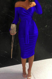 Blue Sexy Solid Split Joint Off the Shoulder Pencil Skirt Dresses