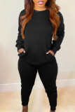 Black Casual Solid Split Joint Pocket O Neck Long Sleeve Two Pieces