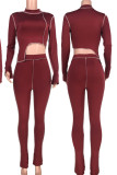 Rose Red Casual Solid Patchwork Asymmetrical Half A Turtleneck Long Sleeve Two Pieces