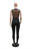 Black Fashion Sexy Patchwork See-through V Neck Skinny Jumpsuits