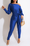 Rose Red Casual Solid Split Joint With Belt Oblique Collar Regular Jumpsuits