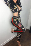 Black Sexy Casual Print Bandage Hollowed Out Turndown Collar Long Sleeve Two Pieces