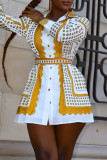 Yellow Fashion Casual Print With Belt Turndown Collar Long Sleeve Shirt Dress