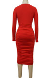 Red Sexy Solid Split Joint V Neck One Step Skirt Dresses