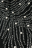 Black Sexy Solid Patchwork See-through Feathers Beading Hot Drill O Neck One Step Skirt Dresses