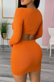 Orange Sexy Solid Hollowed Out Draw String V Neck Pencil Skirt Dresses