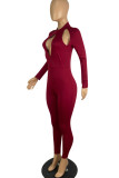 Red Sexy Solid Hollowed Out Patchwork O Neck Regular Jumpsuits