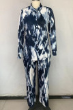 Blue Fashion Casual Print Patchwork Buckle Turndown Collar Plus Size Two Pieces