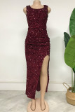 Purplish Red Fashion Sexy Patchwork Sequins Slit O Neck Evening Dress