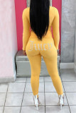 Yellow Casual Solid Patchwork Hot Drill O Neck Regular Jumpsuits
