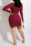 Burgundy Fashion Sexy Solid Asymmetrical Square Collar Long Sleeve Two Pieces