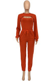 Tangerine Red Casual Solid Split Joint O Neck Three Pieces