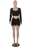 Burgundy Fashion Sexy Solid Asymmetrical Square Collar Long Sleeve Two Pieces