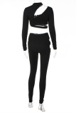 Black Sexy Casual Solid Hollowed Out Turtleneck Two Pieces