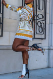 Yellow Fashion Casual Print With Belt Turndown Collar Long Sleeve Shirt Dress