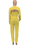 Yellow Casual Solid Split Joint O Neck Three Pieces