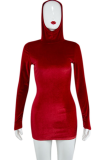 Red Sexy Patchwork Hooded Collar Pencil Skirt Dresses(Without Belt)
