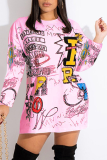Pink Casual Print Patchwork O Neck Straight Dresses