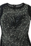 Black Sexy Solid Patchwork See-through Feathers Beading Hot Drill O Neck One Step Skirt Dresses