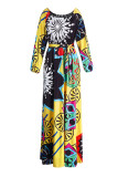 Yellow Fashion Casual Print Backless Off the Shoulder Long Sleeve Dresses