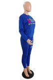 Blue Fashion Casual Letter Print Basic O Neck Long Sleeve Two Pieces