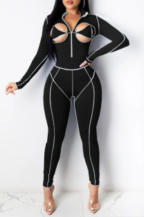 Black Sexy Solid Hollowed Out Split Joint Zipper Collar Regular Jumpsuits