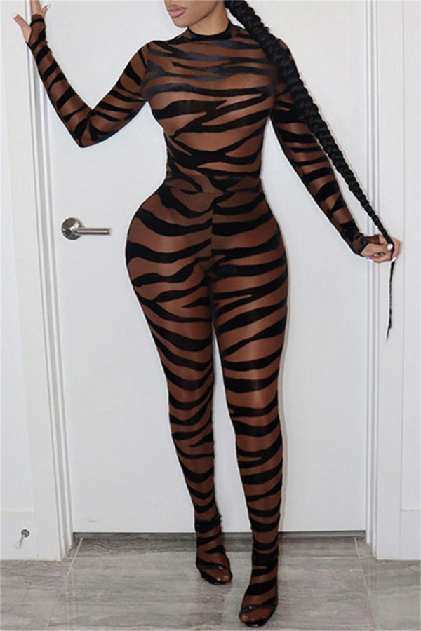 Black Fashion Sexy Print See-through O Neck Skinny Jumpsuits