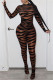 Black Fashion Sexy Print See-through O Neck Skinny Jumpsuits