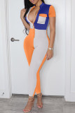 Blue Orange Fashion Casual Patchwork Basic Zipper Collar Skinny Jumpsuits