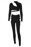 Black Sexy Casual Solid Hollowed Out Turtleneck Two Pieces