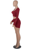 Burgundy Fashion Sexy Solid Asymmetrical Square Collar Long Sleeve Two Pieces
