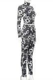 Black Fashion Casual Print Basic Turtleneck Long Sleeve Two Pieces