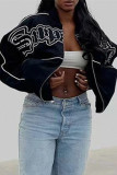 Black Fashion Casual Letter Print Cardigan Zipper Collar Outerwear