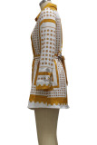Yellow Fashion Casual Print With Belt Turndown Collar Long Sleeve Shirt Dress