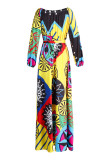 Yellow Fashion Casual Print Backless Off the Shoulder Long Sleeve Dresses