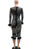 Black Sexy Solid Patchwork See-through Feathers Beading Hot Drill O Neck One Step Skirt Dresses