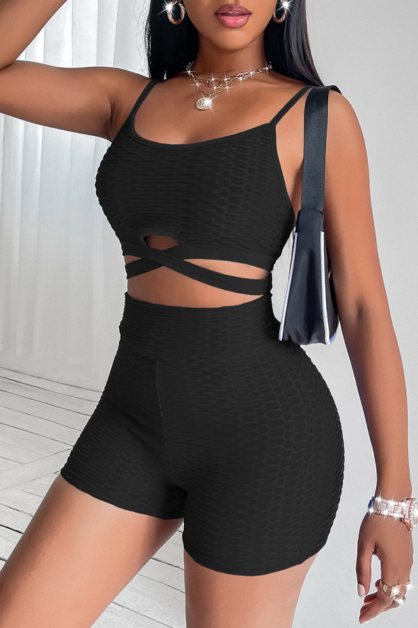Black Fashion Sportswear Solid Patchwork Backless Spaghetti Strap Sleeveless Two Pieces