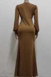 Brown Sexy Solid Split Joint Asymmetrical V Neck Straight Dresses